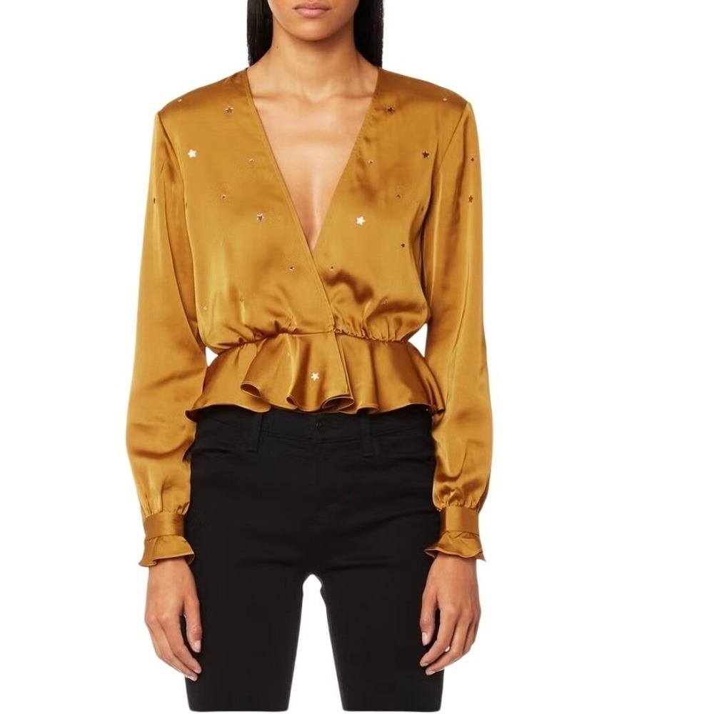For Love & Lemons Twinkle Gold Star Long Sleeve Blouse Peplum Top Party Occasion